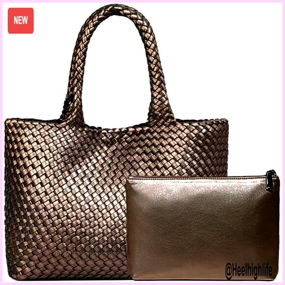 Handbags - Woven Tote Bag Handmade Vegan Leather Large Shoulder Purse Chic Retro